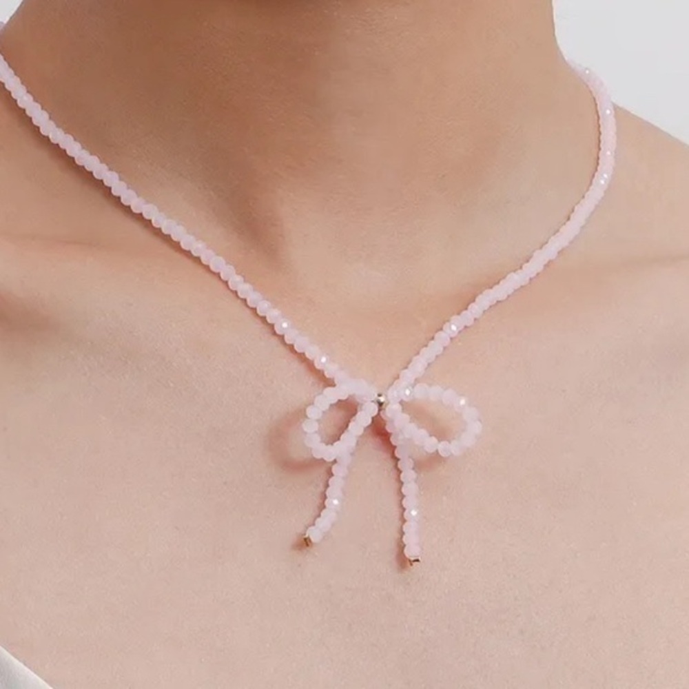 Pink Beaded Bow Choker Necklace